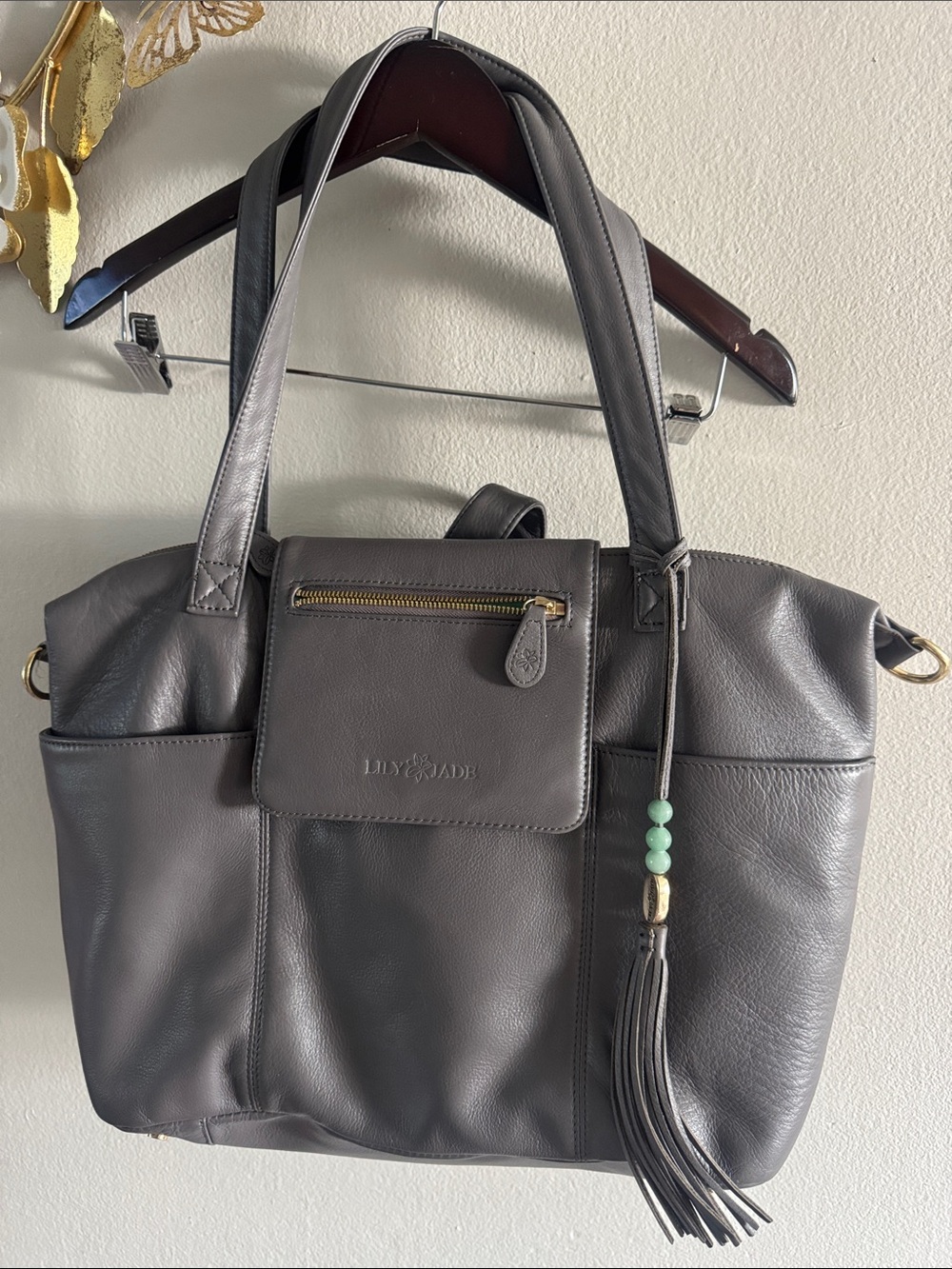 Lily & Jade Gray Leather Tote with Tassel